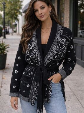 Black Patterned Shawl-Collar Tie-Belt Cardigan Sweater
